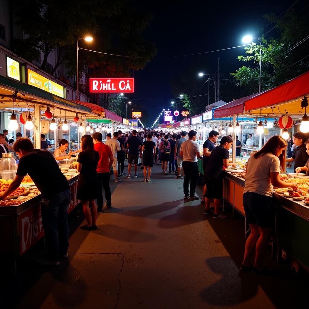 A bustling night market in Hanoi, filled with people enjoying feedy mon an vat.