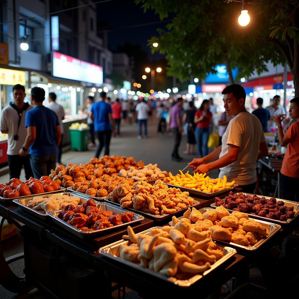 A bustling Hanoi night market with various food stalls, including one specializing in khớp kêu.