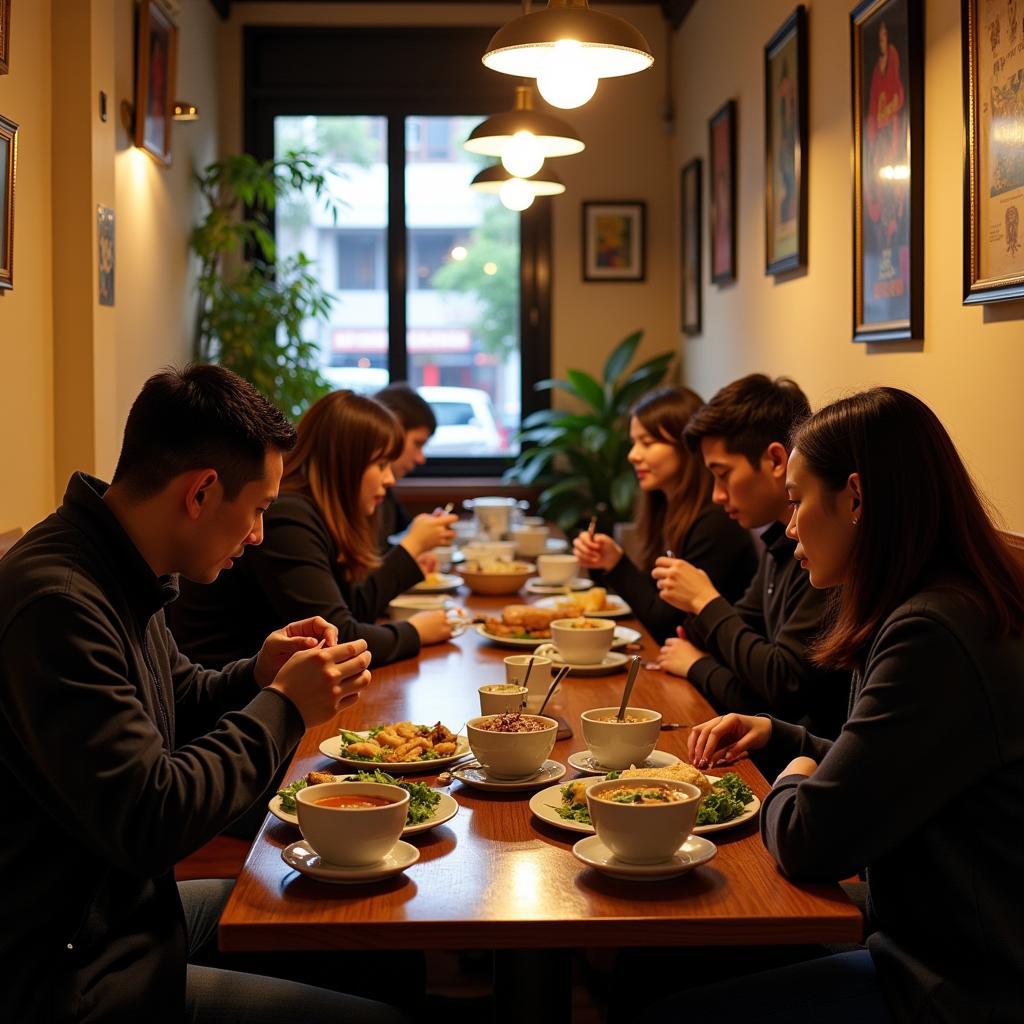 People enjoying breakfast at a small restaurant in Hanoi's Old Quarter.