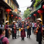 Hanoi Old Quarter street scene with traditional Vietnamese folk music performance