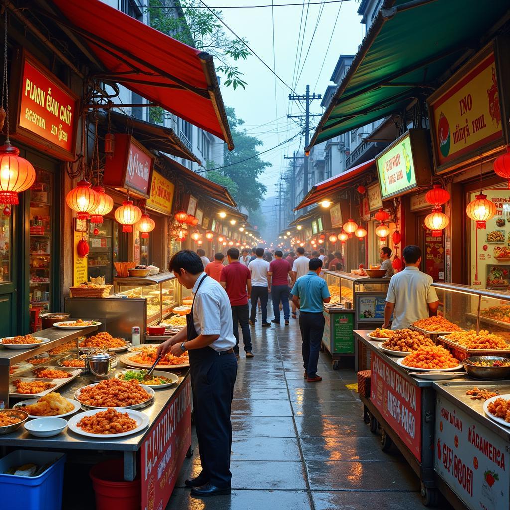 Colorful food stalls in Hanoi's Old Quarter offering a variety of traditional dishes.