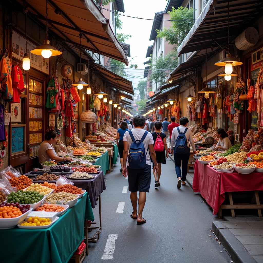 Bustling market scene in Hanoi's Old Quarter