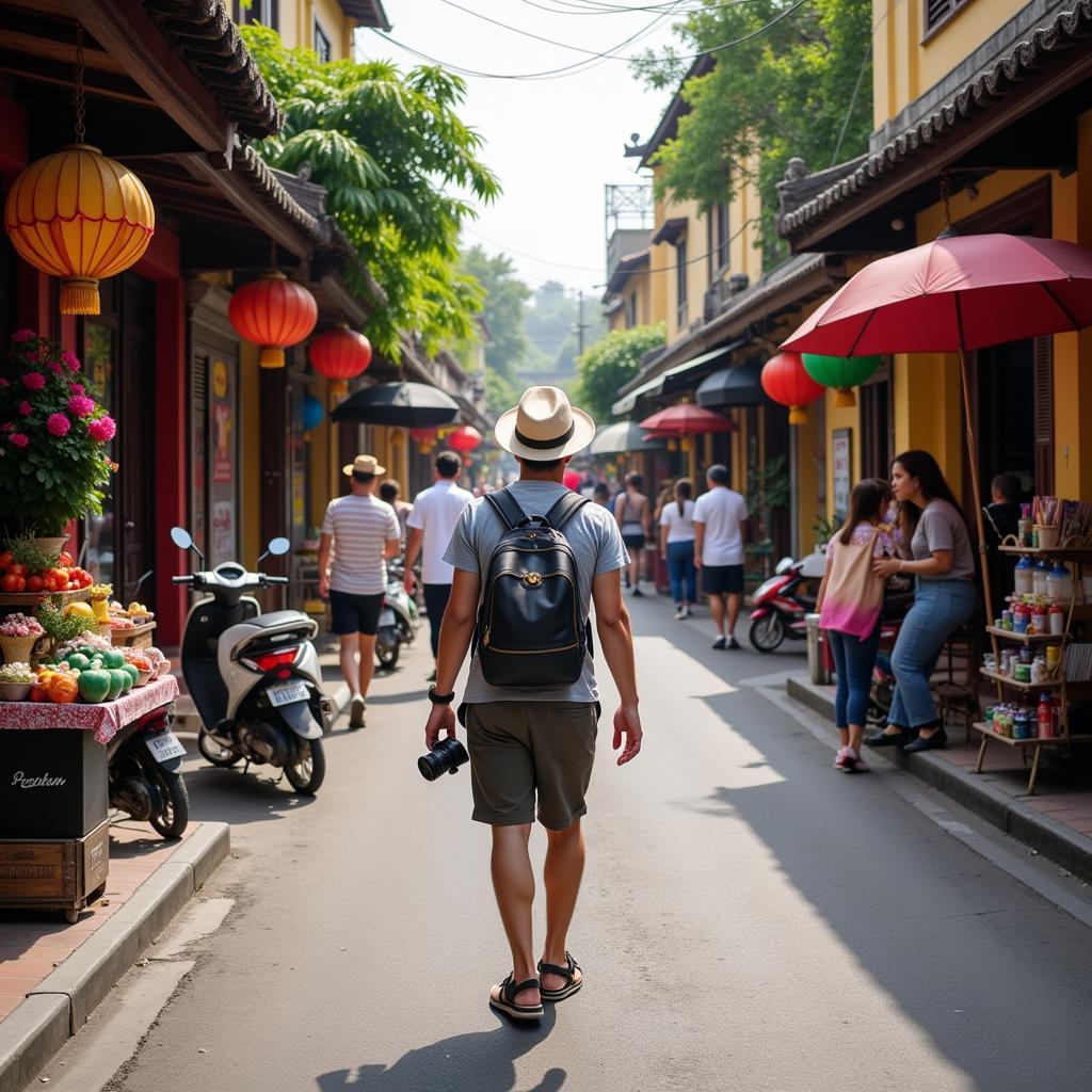 Solo traveler exploring the vibrant streets of Hanoi's Old Quarter