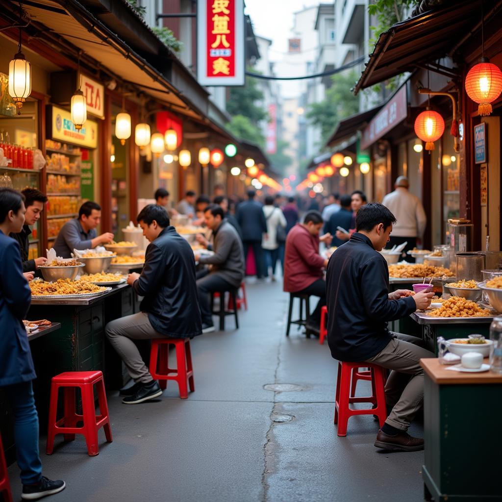 People enjoying street food in Hanoi's Old Quarter.