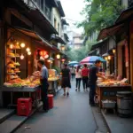 Hanoi Old Quarter bustling with street food vendors and locals