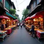 Hanoi Old Quarter bustling with street food vendors and vibrant shops