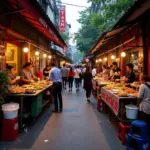 Hanoi Old Quarter street food scene with vendors and tourists