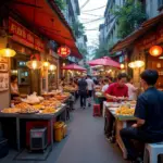 Hanoi Old Quarter street food scene with vendors and bustling crowds.