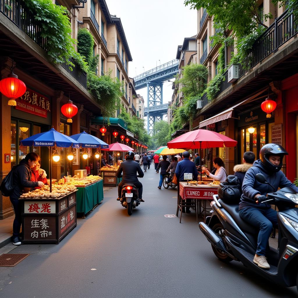 Hanoi Old Quarter bustling with street food vendors and vibrant atmosphere