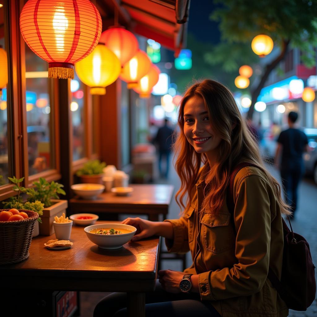 Solo female traveler enjoying street food in Hanoi's Old Quarter