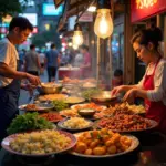 Street food vendors in Hanoi's Old Quarter selling various local delicacies.