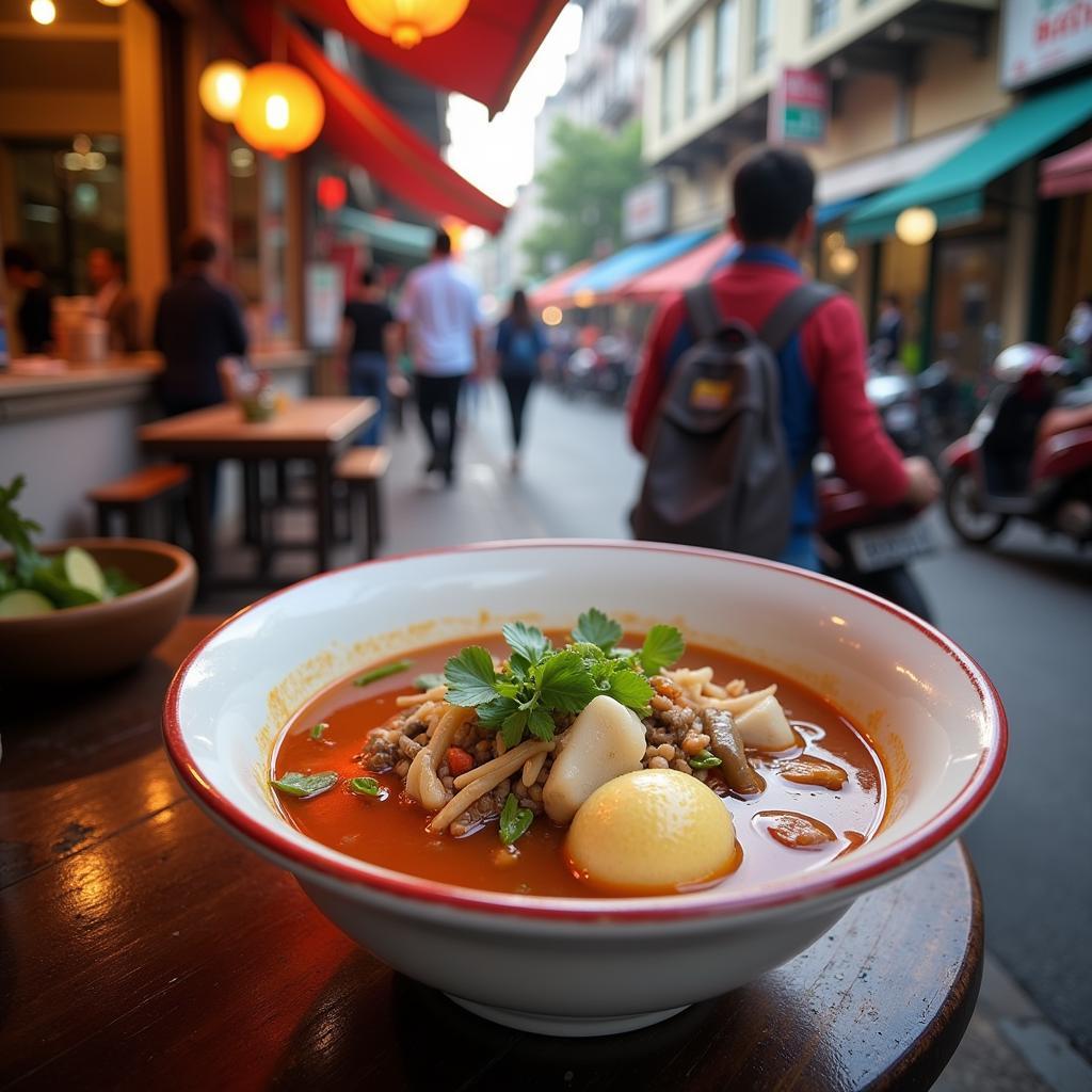 Enjoying Tang Cau in Hanoi's Old Quarter: A photo depicting a person enjoying a bowl of Tang Cau at a street food stall in the vibrant Old Quarter of Hanoi.