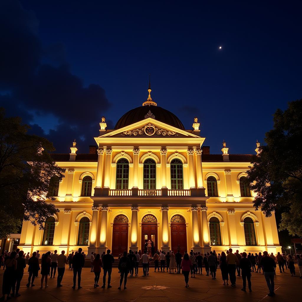 Hanoi Opera House illuminated at night with people gathering outside.