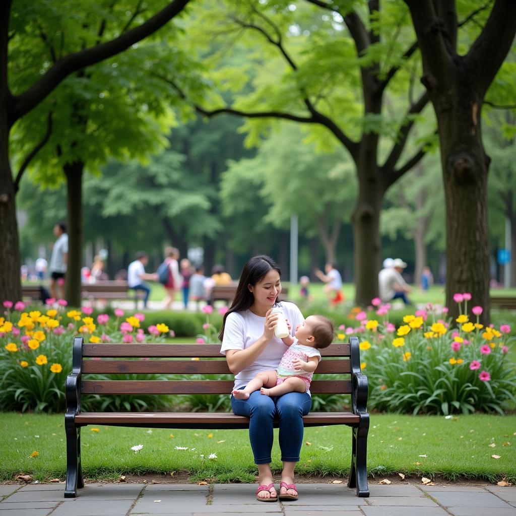 Baby Enjoying Hanoi Park While Drinking Milk