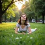 Relaxing in a Hanoi Park for Hair Health: A woman relaxes in a peaceful park in Hanoi, promoting stress management for healthy hair.