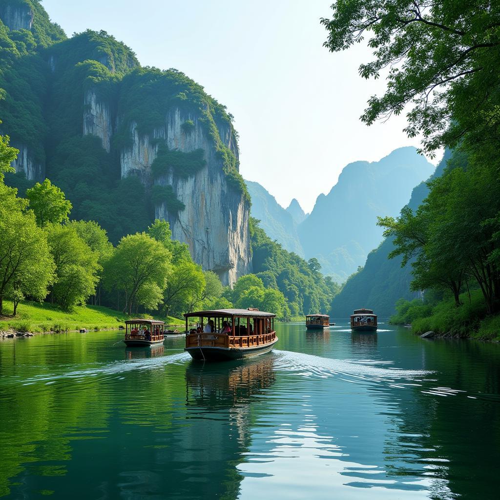 Boat trip through the scenic waterways leading to the Perfume Pagoda in Hanoi.