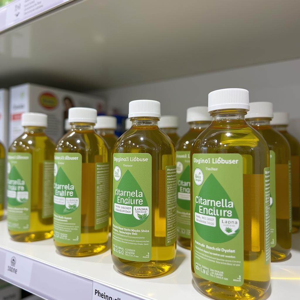 Bottles of citronella essential oil displayed in a Hanoi pharmacy