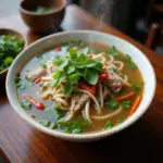 A steaming bowl of pho, a popular Hanoi breakfast dish