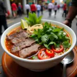 A steaming bowl of pho bo, garnished with fresh herbs, lime, and chili, ready to be enjoyed for lunch in Hanoi.