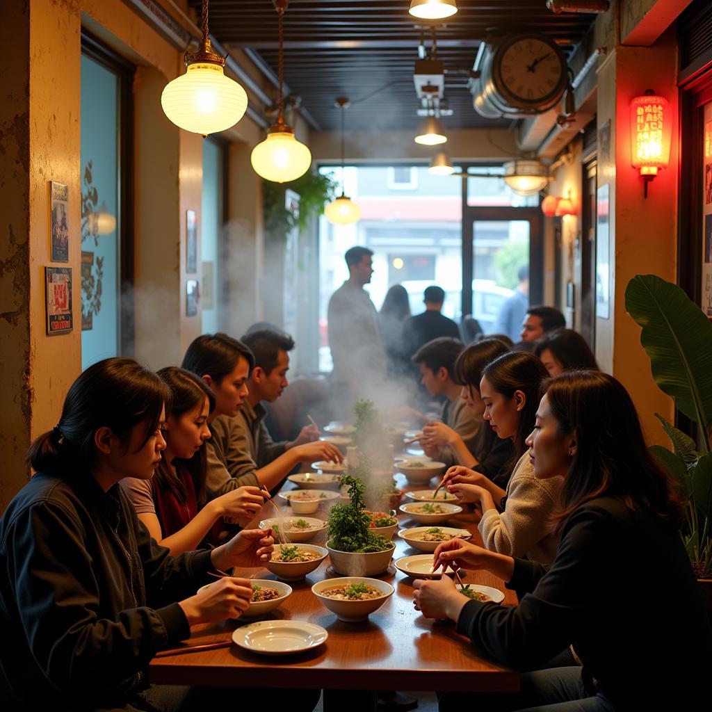 Busy Hanoi Pho Restaurant with Customers Enjoying Meals