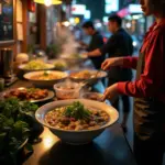 Hanoi street food vendor serving a steaming bowl of pho