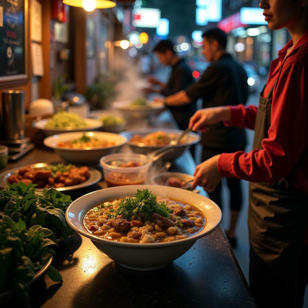 Hanoi street food vendor serving a steaming bowl of pho