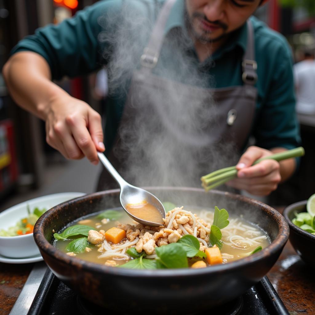 A street vendor preparing a bowl of pho in Hanoi.