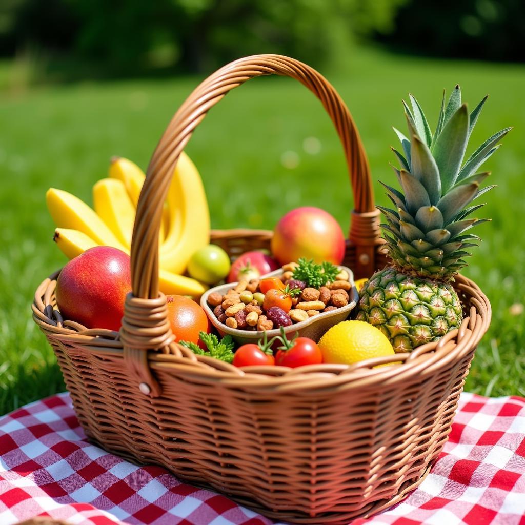 Fresh fruit, salad, and snacks for a Hanoi picnic.