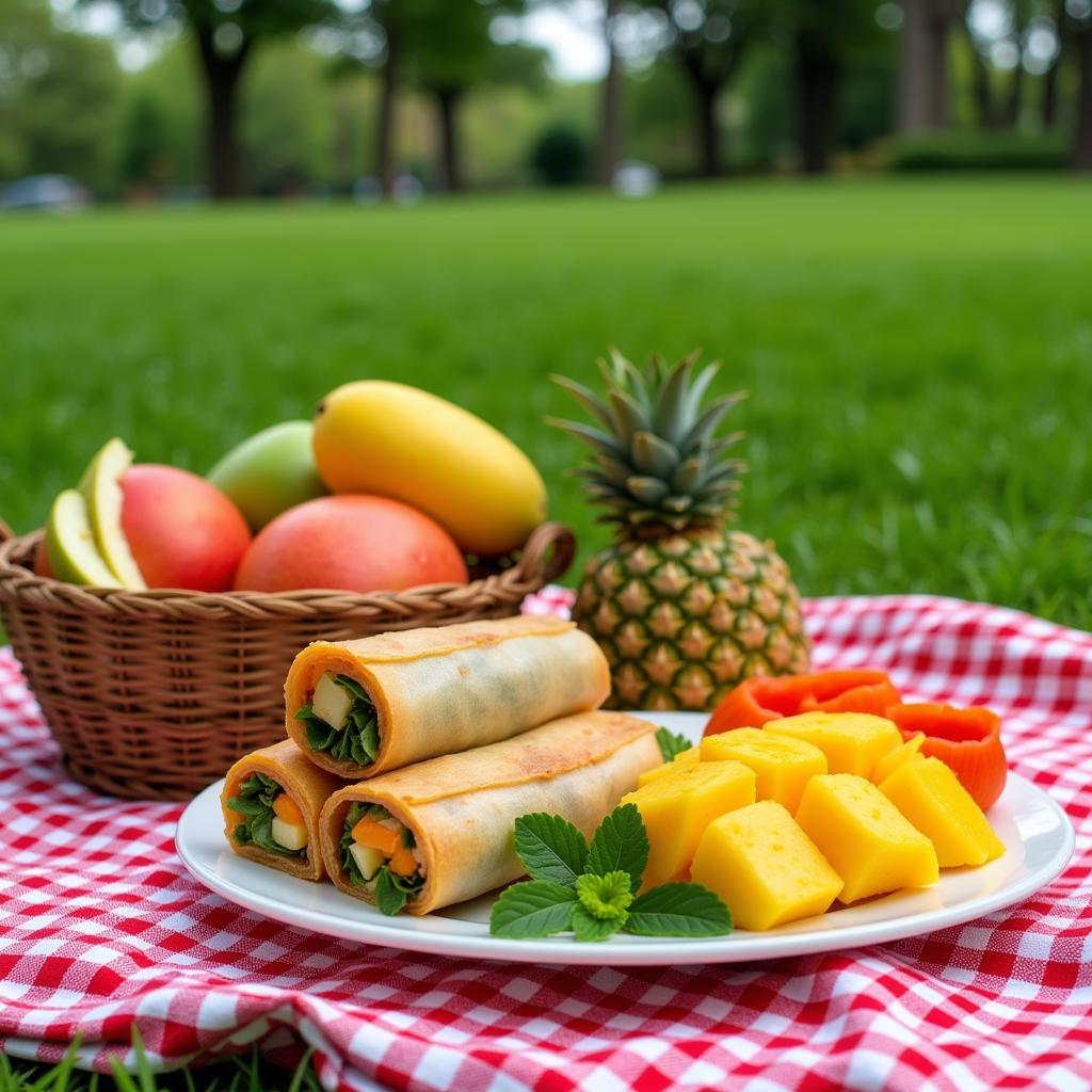 Fresh spring rolls and tropical fruits for a Hanoi picnic