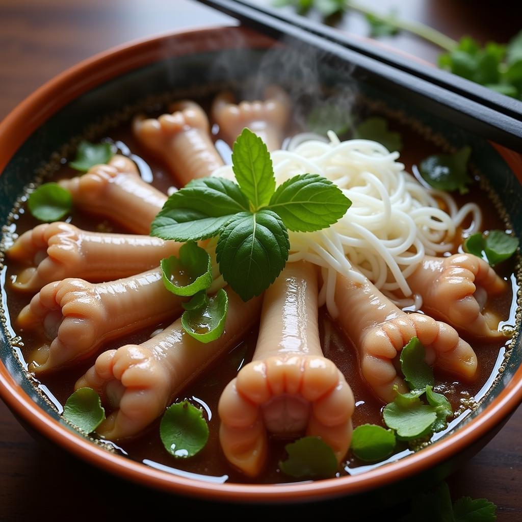 A bowl of Vietnamese "chân giò hầm" (braised pig feet) served with rice noodles.