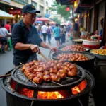 Hanoi street food vendor preparing pig intestine dish