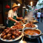 Hanoi street food stall serving various pig trotter dishes