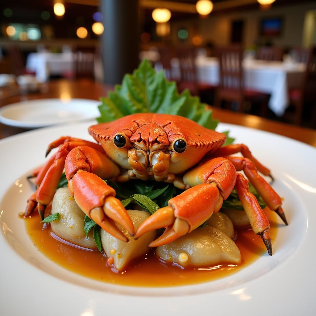 A plate of beautifully presented crab dishes in a Hanoi restaurant.