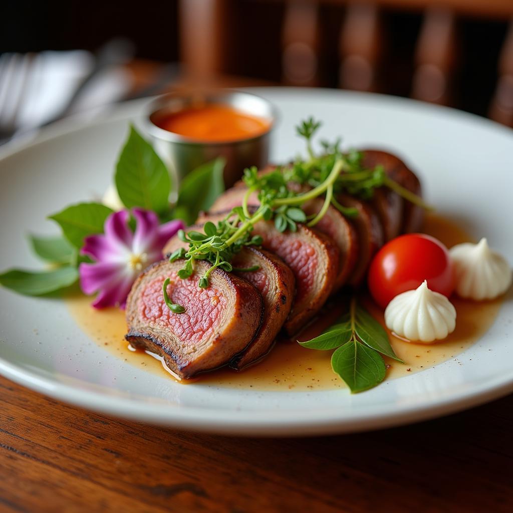 Hanoi restaurant scene: A beautifully plated meat dish served in an elegant Hanoi restaurant.