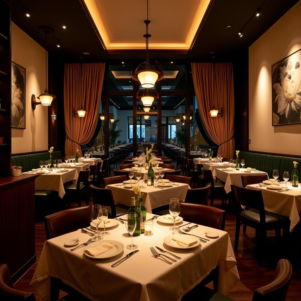 Elegant interior of a Hanoi restaurant, set for a Saturday evening dinner service.