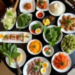 Traditional Vietnamese dishes served in a Hanoi restaurant, showcasing fresh herbs and ingredients related to "ăn gì bổ tinh".