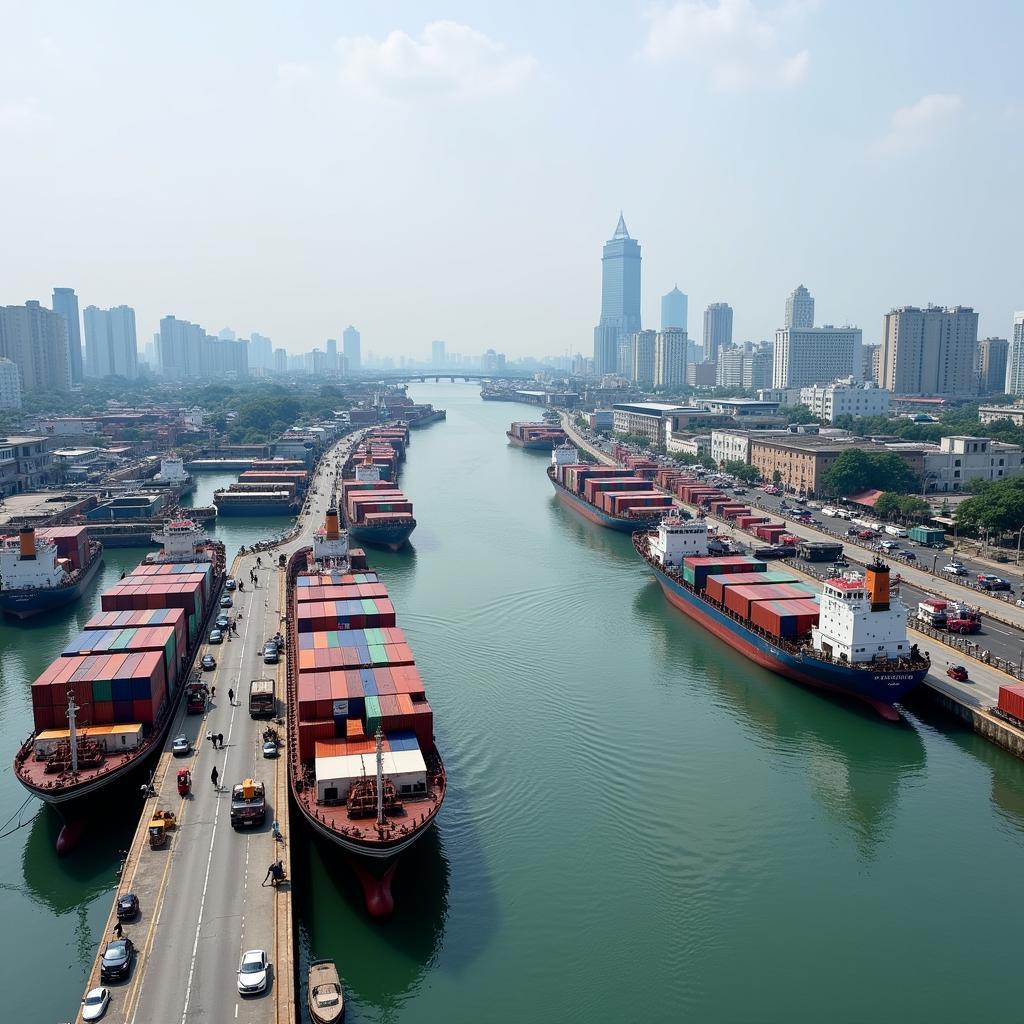 Hanoi River Port with Cargo Ships