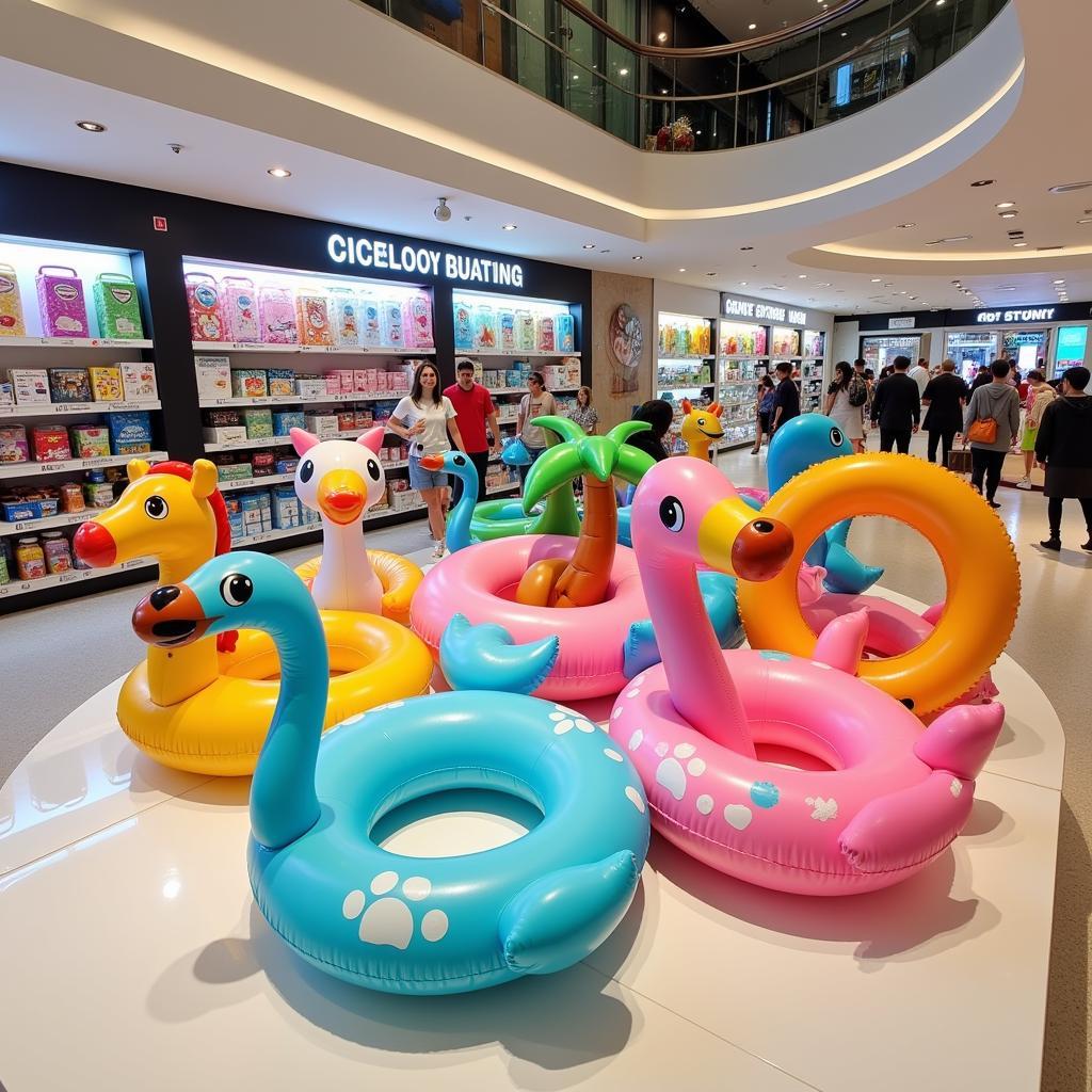 Modern shopping mall with a display of various pool floats