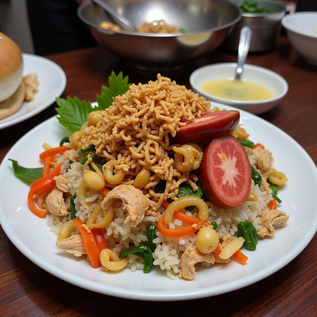 A plate of Xoi, Vietnamese sticky rice, topped with various savory ingredients, perfect for a quick and filling lunch in Hanoi.