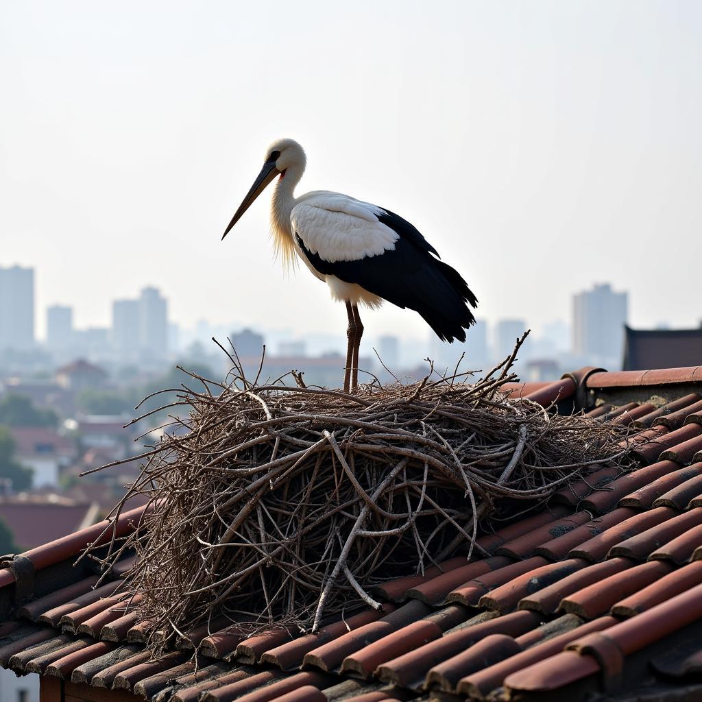 Stork nest on a Hanoi rooftop