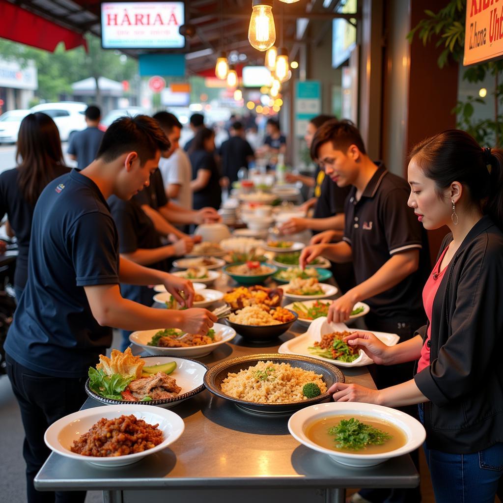 Hanoi Street Food Under 20k:  A vibrant scene of street vendors selling various dishes like pho, banh mi, and bun cha for under 20,000 VND.