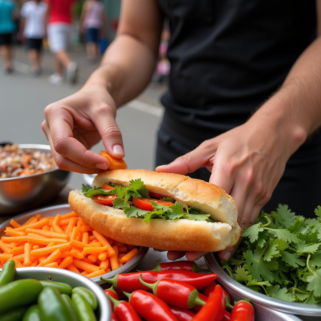 A vendor preparing a banh mi sandwich on a Hanoi street corner, showcasing the fresh ingredients and vibrant colors.