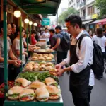 Hanoi Street Food Scene with Banh Mi Vendors