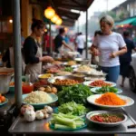 Hanoi street food vendors preparing dishes with ingredients that promote blood circulation like garlic, ginger, and leafy greens.