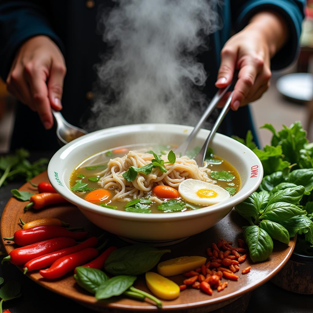 Hanoi street food breakfast: A steaming bowl of pho with fresh herbs