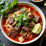 A steaming bowl of Bun Bo Hue, a spicy beef noodle soup