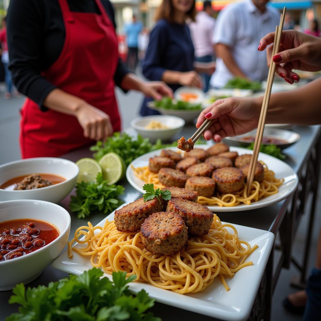 A vendor preparing and serving Bun Cha, a popular Vietnamese dish, to customers in Hanoi.