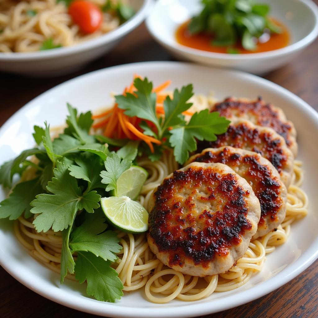 A close-up shot of a plate of Bun Cha, a popular Hanoi street food.