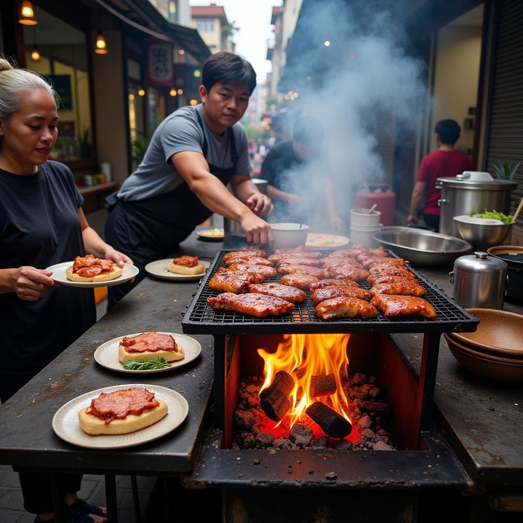 A street food vendor preparing bun cha