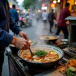 A street food vendor in Hanoi preparing a delicious crab dish, showcasing the authentic local culinary experience.